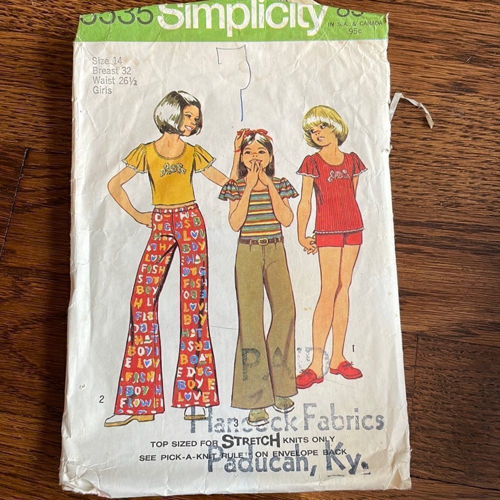 Vtg 1973 Simplicity girls’‎ top, hip hugger pants & shorts sewing pattern